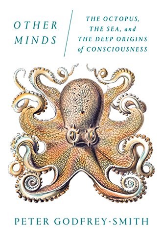 Cover of the Farrar, Straus and Giroux paperback edition of Other Minds by Peter Godfrey-Smith, showing a large photographic close-up of an octopus's eye and mantle in deep blue tones